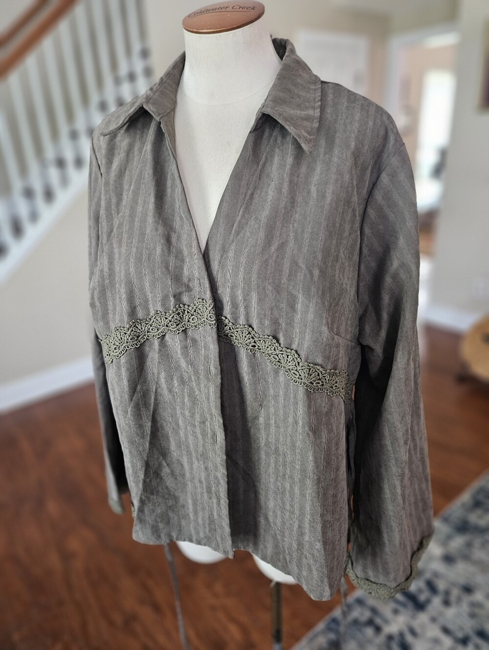 SHEIN Olive Gray Crochet-Trim Lightweight Jacket